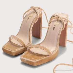 ✨BNWT - Lulus Guesty Champagne Velvet Lace-Up High Heel Sandals - size 8…